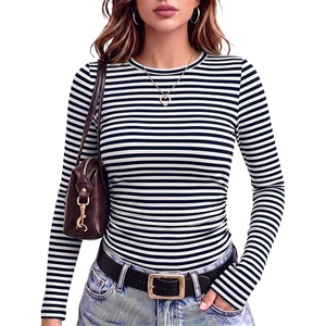 image:imageANRABESS Womens Long Sleeve Shirts Ruched Fitted TopsNavy White Stripes