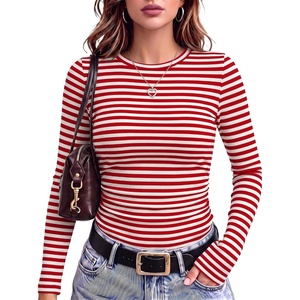 image:imageANRABESS Womens Long Sleeve Shirts Ruched Fitted TopsRed White Stripe