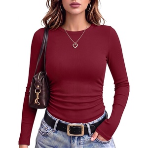 image:imageANRABESS Womens Long Sleeve Shirts Ruched Fitted TopsWine Red