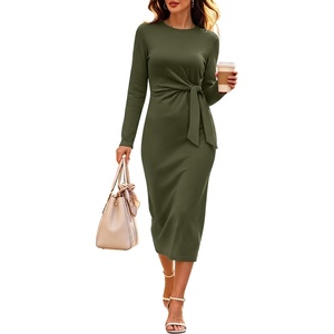 image:imageANRABESS Womens Long Sleeve WrinkleFree Fall Tie Waist Midi DressArmy Green