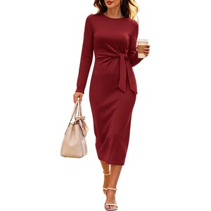 image:imageANRABESS Womens Long Sleeve WrinkleFree Fall Tie Waist Midi DressDark Red