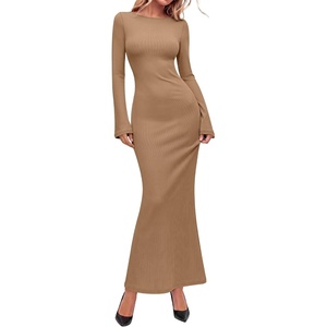 image:imageANRABESS Womens Ribbed Fall Long Sleeve Bodycon Maxi DressKhaki