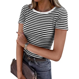 image:imageANRABESS Womens Ribbed Short Sleeve Tops Basic Tee ShirtsBlack White Striped