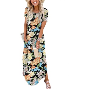 image:imageANRABESS Womens Summer Maxi Dress Short Sleeve Casual Sundress with PocketsFloral Orange Yellow