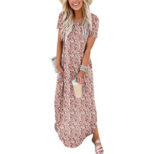 image:imageANRABESS Womens Summer Maxi Dress Short Sleeve Casual Sundress with PocketsFloral White Pink