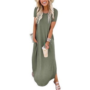 image:imageANRABESS Womens Summer Maxi Dress Short Sleeve Casual Sundress with PocketsOlive