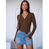 image:imageANRABESS Womens Long Sleeve V Neck Henley Bodysuits TopsCoffee