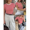 image:imageANRABESS Womens Ribbed Short Sleeve Tops Basic Tee ShirtsRed White Striped