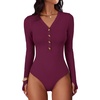 image:imageANRABESS Womens Long Sleeve V Neck Henley Bodysuits TopsWine Red