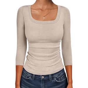 image:imageANRABESS Womens 34 Sleeve Tops Scoop Neck Fitted Ribbed Tee ShirtsBeige