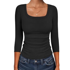 image:imageANRABESS Womens 34 Sleeve Tops Scoop Neck Fitted Ribbed Tee ShirtsBlack