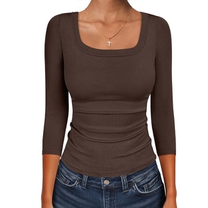 image:imageANRABESS Womens 34 Sleeve Tops Scoop Neck Fitted Ribbed Tee ShirtsCoffee