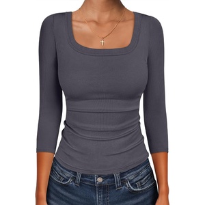 image:imageANRABESS Womens 34 Sleeve Tops Scoop Neck Fitted Ribbed Tee ShirtsDeep Grey