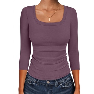 image:imageANRABESS Womens 34 Sleeve Tops Scoop Neck Fitted Ribbed Tee ShirtsDeep Purple