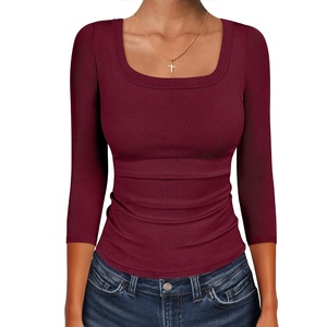 image:imageANRABESS Womens 34 Sleeve Tops Scoop Neck Fitted Ribbed Tee ShirtsDeep Red
