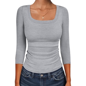 image:imageANRABESS Womens 34 Sleeve Tops Scoop Neck Fitted Ribbed Tee ShirtsGrey