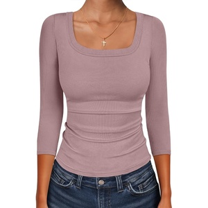 image:imageANRABESS Womens 34 Sleeve Tops Scoop Neck Fitted Ribbed Tee ShirtsGrey Pink