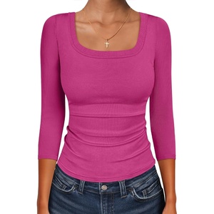 image:imageANRABESS Womens 34 Sleeve Tops Scoop Neck Fitted Ribbed Tee ShirtsHot Pink