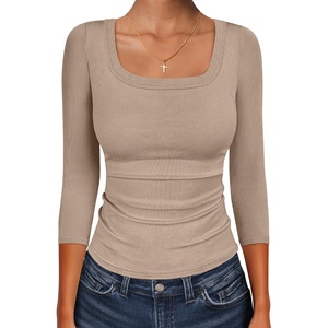 image:imageANRABESS Womens 34 Sleeve Tops Scoop Neck Fitted Ribbed Tee ShirtsKhaki