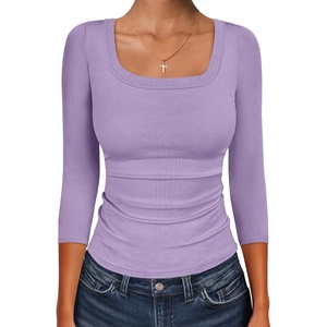 image:imageANRABESS Womens 34 Sleeve Tops Scoop Neck Fitted Ribbed Tee ShirtsLight Purple