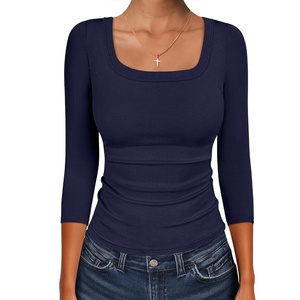 image:imageANRABESS Womens 34 Sleeve Tops Scoop Neck Fitted Ribbed Tee ShirtsNavy Blue