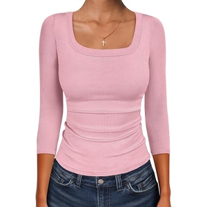 image:imageANRABESS Womens 34 Sleeve Tops Scoop Neck Fitted Ribbed Tee ShirtsPink
