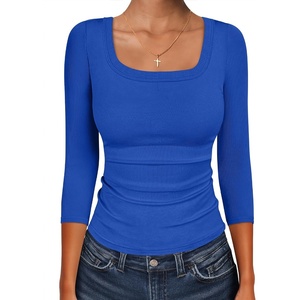 image:imageANRABESS Womens 34 Sleeve Tops Scoop Neck Fitted Ribbed Tee ShirtsRoyal Blue