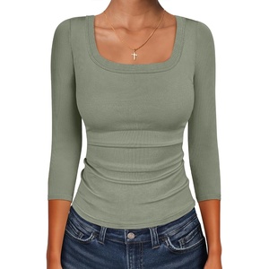 image:imageANRABESS Womens 34 Sleeve Tops Scoop Neck Fitted Ribbed Tee ShirtsSage Green