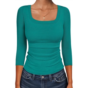 image:imageANRABESS Womens 34 Sleeve Tops Scoop Neck Fitted Ribbed Tee ShirtsTeal