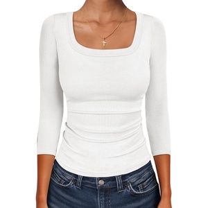 image:imageANRABESS Womens 34 Sleeve Tops Scoop Neck Fitted Ribbed Tee ShirtsWhite