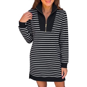 image:imageANRABESS Womens Long Sleeve Half Zip Mini DressBlack White Stripe