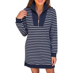 image:imageANRABESS Womens Long Sleeve Half Zip Mini DressNavy Blue White Stripe