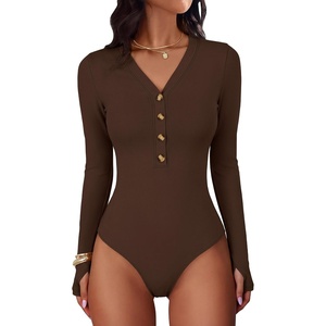 image:imageANRABESS Womens Long Sleeve V Neck Henley Bodysuits TopsCoffee