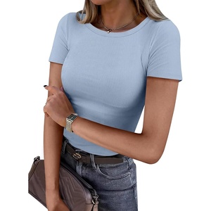 image:imageANRABESS Womens Ribbed Short Sleeve Tops Basic Tee ShirtsLight Blue