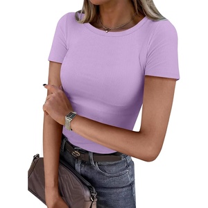 image:imageANRABESS Womens Ribbed Short Sleeve Tops Basic Tee ShirtsLight Purple