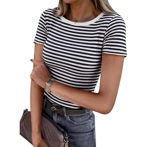 image:imageANRABESS Womens Ribbed Short Sleeve Tops Basic Tee ShirtsNavy White Striped