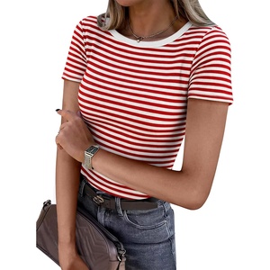 image:imageANRABESS Womens Ribbed Short Sleeve Tops Basic Tee ShirtsRed White Striped
