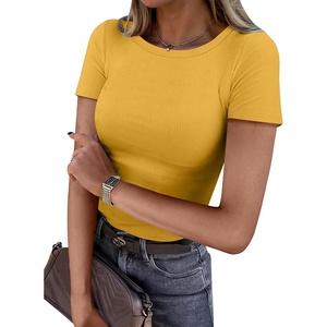 image:imageANRABESS Womens Ribbed Short Sleeve Tops Basic Tee ShirtsYellow
