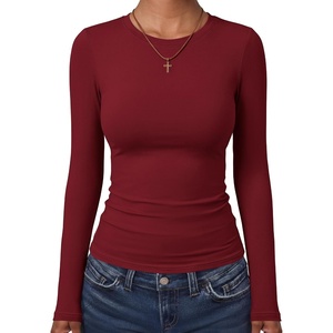 image:imageANRABESS Womens Long Sleeve Shirts Fitted Double Lined TopDeep Red