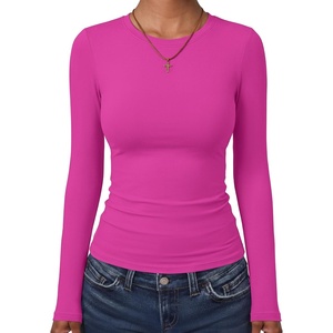 image:imageANRABESS Womens Long Sleeve Shirts Fitted Double Lined TopHot Pink