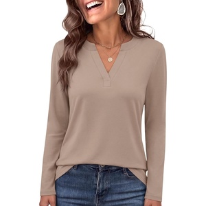 image:imageANRABESS Womens Long Sleeve Shirts V Neck Business Casual Work Tunic Tops Basic Tees 2026 Fall OutfitsKhaki  Light Brown
