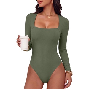 image:imageANRABESS Womens Long Sleeve Square Neck BodysuitArmy Green
