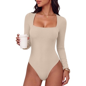 image:imageANRABESS Womens Long Sleeve Square Neck BodysuitBeige
