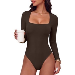 image:imageANRABESS Womens Long Sleeve Square Neck BodysuitBrown