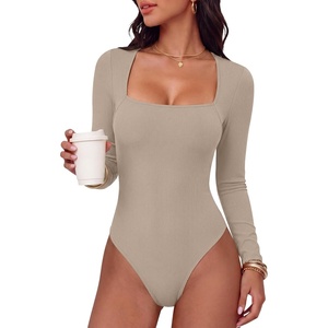 image:imageANRABESS Womens Long Sleeve Square Neck BodysuitLight Khaki