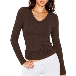 image:imageANRABESS Womens Long Sleeve V Neck Shirts Slim Fit Tops Basic TeeBrown