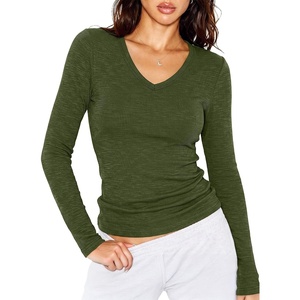 image:imageANRABESS Womens Long Sleeve V Neck Shirts Slim Fit Tops Basic TeeGreen