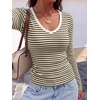 image:imageANRABESS Long Sleeve Shirts for Women Fall V Neck Slim Fit Tops Basic TeeBrown White