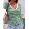 image:imageANRABESS Long Sleeve Shirts for Women Fall V Neck Slim Fit Tops Basic TeeGreen White