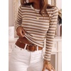 image:imageANRABESS Women Long Sleeve Knit Top Fall Lightweight Fitted Sweater ShirtsKhaki White Striped